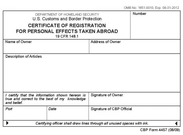US Customs Form 4457