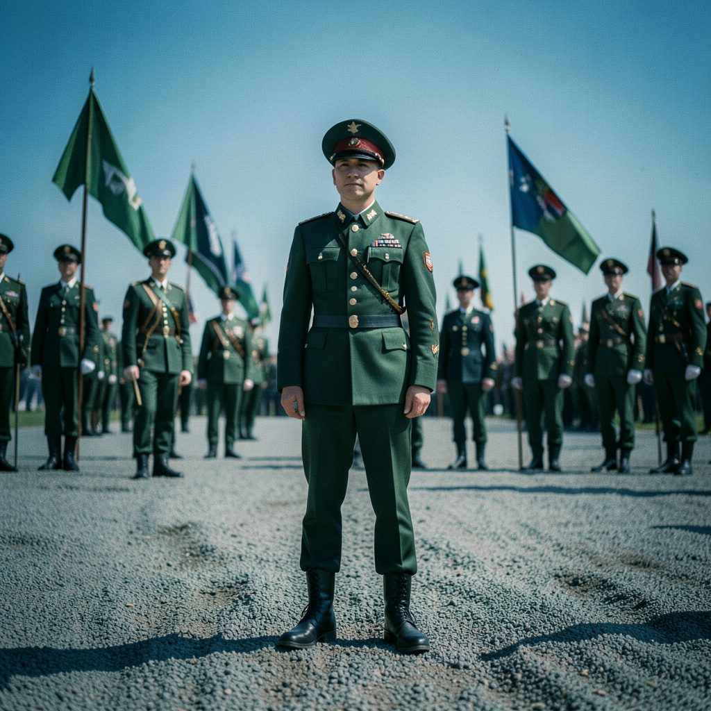 Soldater i paraduniform står uppställda på en grusplan under en klarblå himmel, fanor vajar svagt i vinden, högtidlig ceremoni